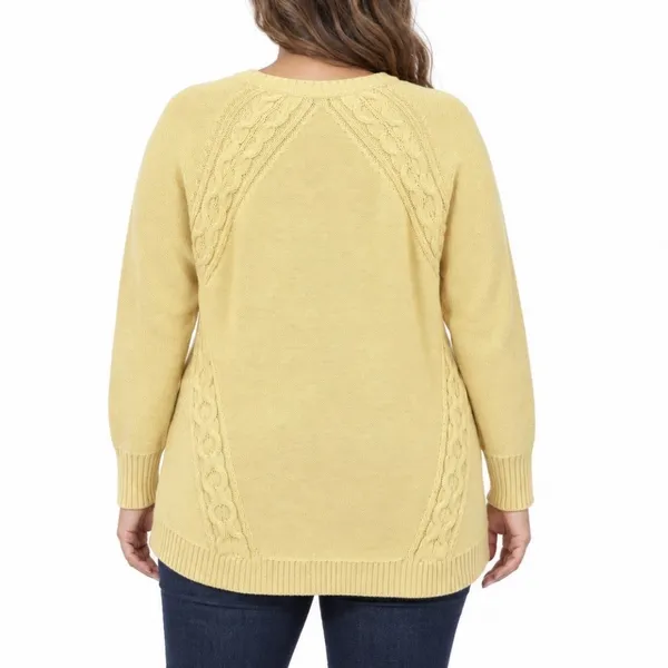 LL Bean Yellow Double L Mixed Cable V Neck Pullover Cotton Sweater LARGE Size XL - Image 2