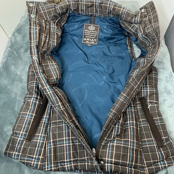 Ariat Brown Teal Plaid Faux Fur Trim Removable Hood Puffer Equestrian Vest M - Image 6