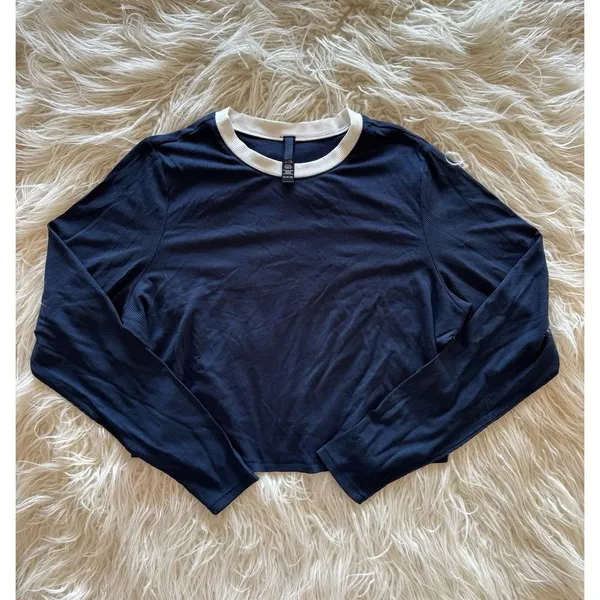 Skims Soft Lounge Ringer Long Sleeve Crop Top Navy Multi Size 2X - Image 2