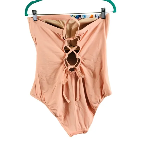 Kona Sol Medium Coverage One Piece Swimsuit Lace Up Floral Light Pink Size XL - Image 2