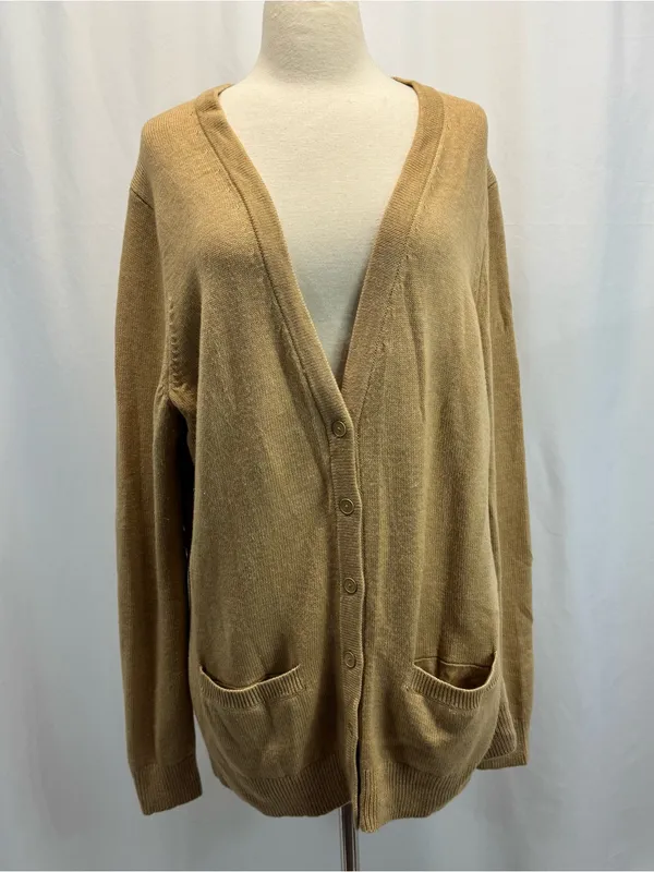GAP V-Neck Button Cardigan Camel Tan Elbow Patches Wool Blend Grandpa Academia - Image 3
