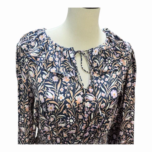 J Crew Dress Size-M Women Mini Dress Navy‎ Purple Smocked Waist Floral Fields - Image 7