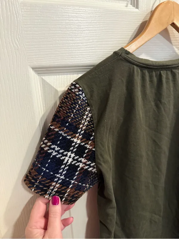 Zara Olive Green Tee with Brown & Navy Plaid Sleeves - Image 5
