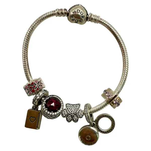 Pandora 6" Bracelet & 6 Dog Lover Charms Sterling Silver Pink Birthday Swarovski - Image 2