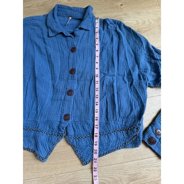 Free People Beaded Crinkle Gauze Top Blue Button Down Western Long Sleeve Size M - Image 5