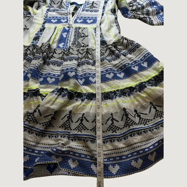 Devotion Twins Ella Dress Blue White Neon Yellow Embroidered Tiered Tunic Medium - Image 8