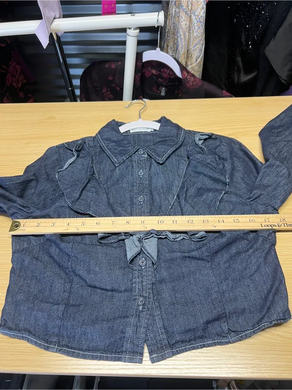 Avec Les Filles Ruffle Yoke Denim Button-Up Shirt Medium Blue Size M - Image 13