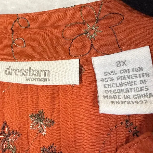 Dressbarn 3X Orange Floral Embroidered Button Up‎ Blouse V-Neck Boho Pintuck - Image 6