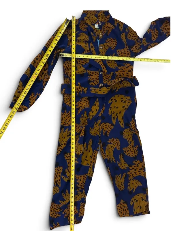Farm Rio Banana Blue & Brown Printed Jumpsuit with Tie Waist Size Small - Image 16