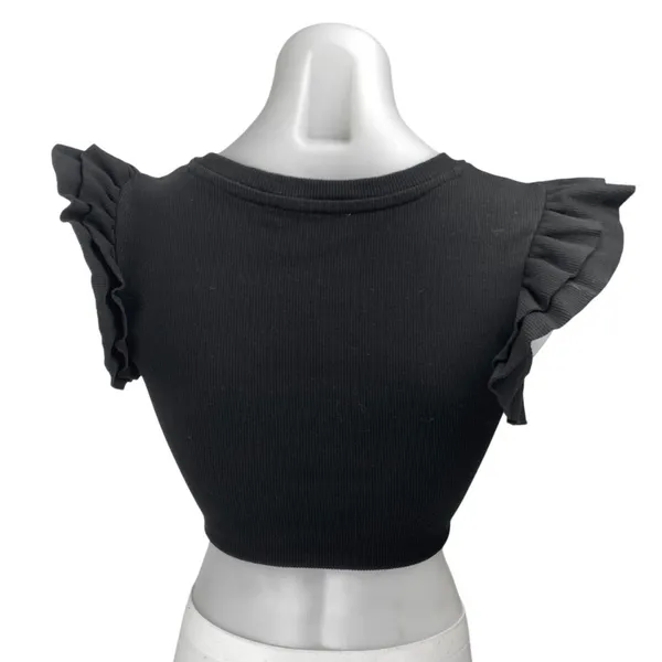 Zara Women's Black Rib Knit Ruffle Flutter Short Sleeve Crop Blouse Top Size S - Image 2