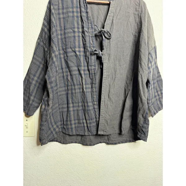 CP Shades x Free People Mixed Plaid Pinstripe Cotton Tie Front Jacket size S - Image 4