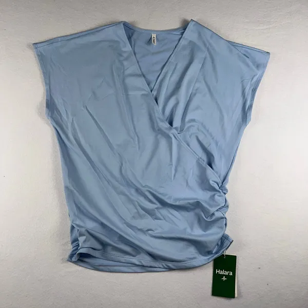 Halara NWT Crossover V-Neck Ruched Blouse Cap Sleeve Angel Falls Blue Top Size S - Image 2