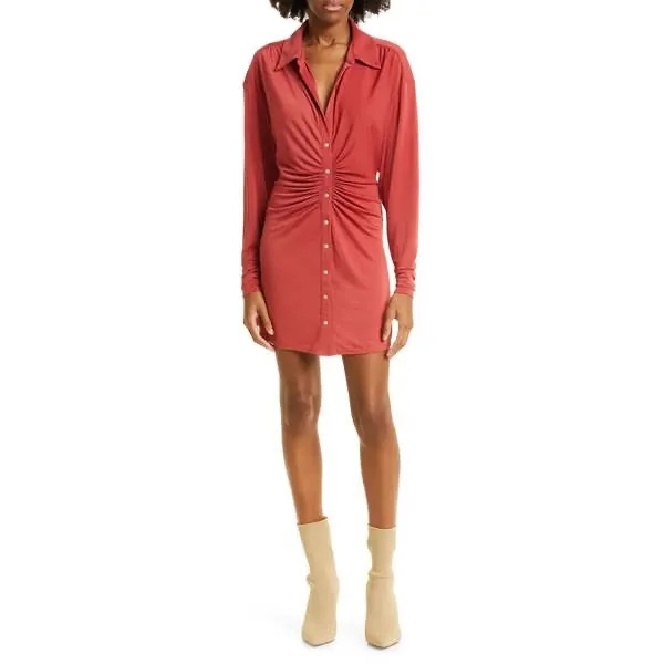 Cinq a Sept Women Arden‎ Mini Shirt Dress XS Sumac Ruched Jersey Knit Date Event - Image 2