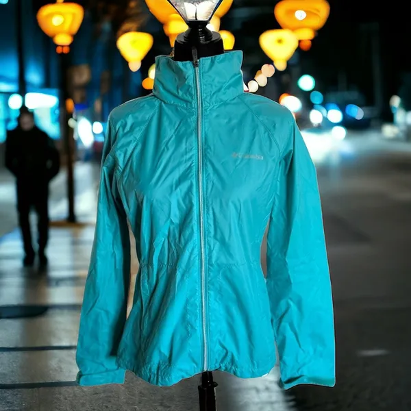 Columbia Women's Teal Rain Jacket M Lightweight Hooded Windbreaker‎ Full Zip - Image 3