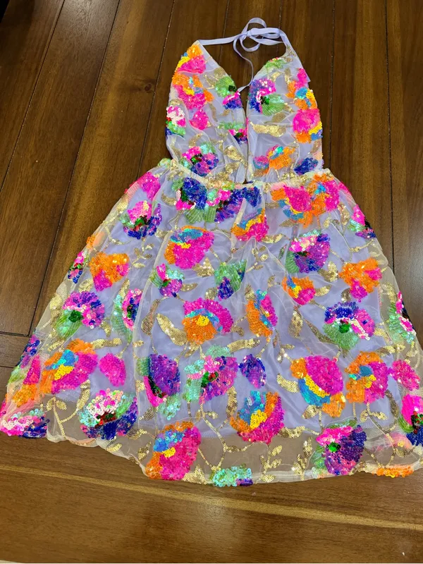 Multicolor Floral Sequin Mini Dress Size S Halter Open Back Party Dress NWOT - Image 3