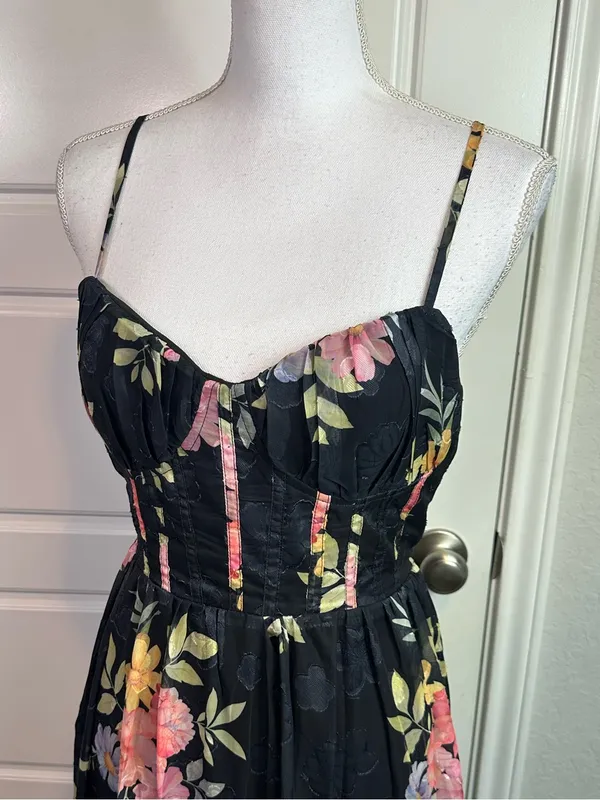 Lulus Elegant Radiance Classic Black Floral Print Ruffled Bustier Midi Dress M - Image 3