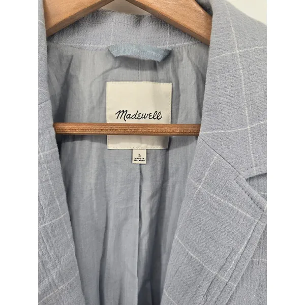 Madewell Blazer Womens Large Windowpane Plaid Light Blue Cotton Linen EUC - Image 2