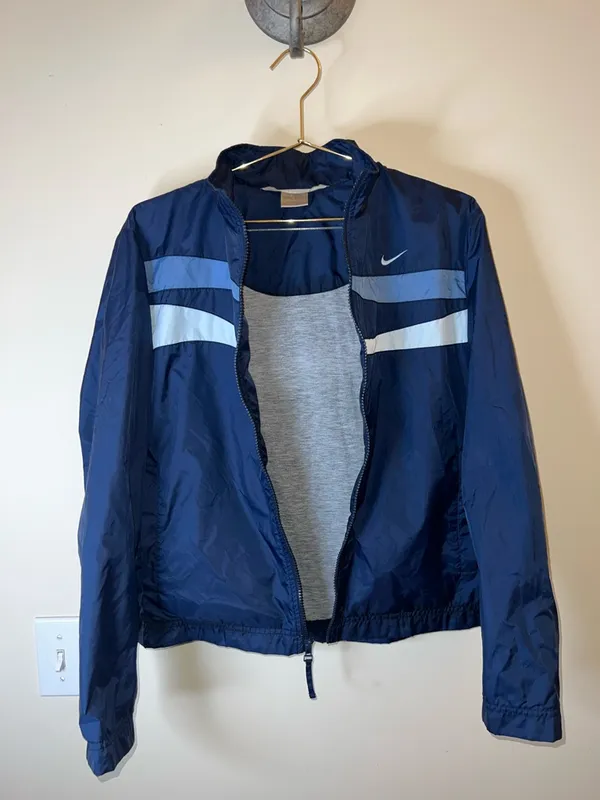 Nike Navy Lightweight Zip Windbreaker Jacket‎ Swoosh Stripe Women’s Medium - Image 3