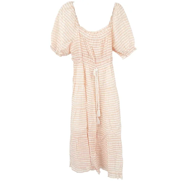 Moon River Womens Milkmaid Resortwear‎ Poplin Striped Puff Sleeve Midi Dress M - Image 2