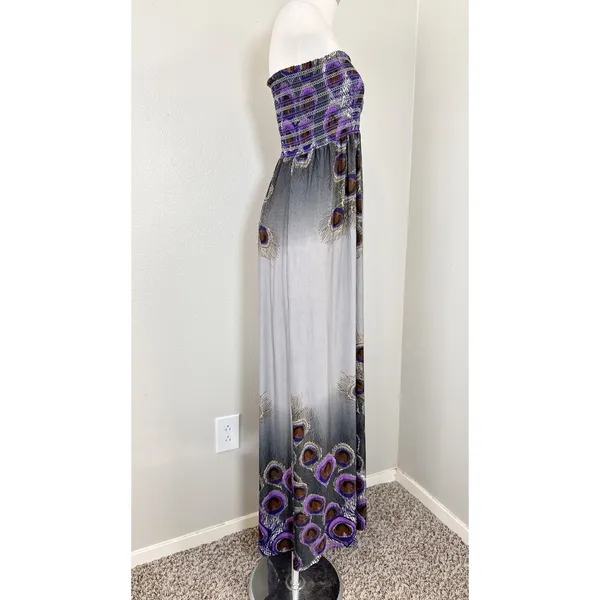 FOREVER 21 Y2K Strapless Maxi Dress S/P‎ Peacock Feather Print Smocked Bodice - Image 3