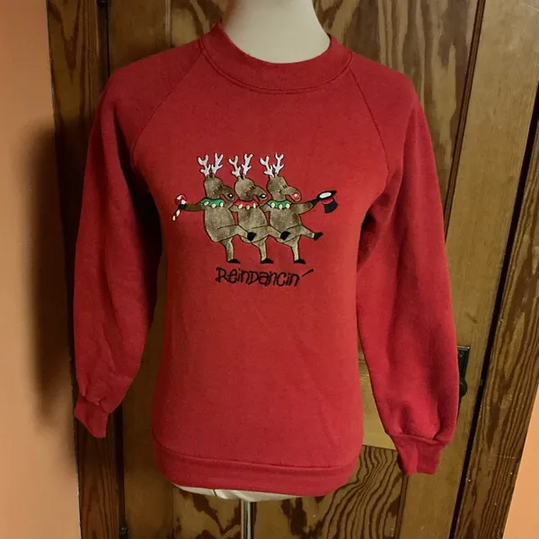 Vtg 80s Reindancing embroidered Holiday Sweatshirt - Image 5