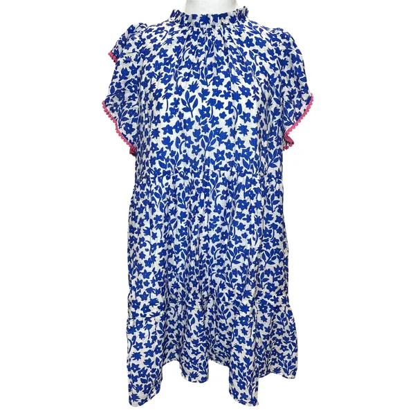 THML Anthropologie XL Blue White Floral Tiered Babydoll Dress Pink Pom Pom Trim - Image 2