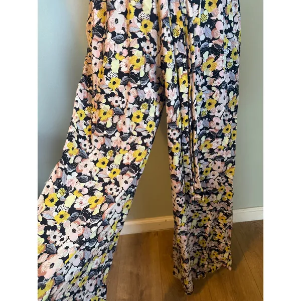 VICI Floral Halter Wide Leg Jumpsuit Yellow Pink Black Medium boho resort dainty - Image 2