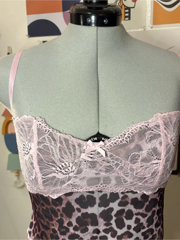 Y2K Pink Lace Leopard Mesh Bustier Cami Top Size M - Image 3