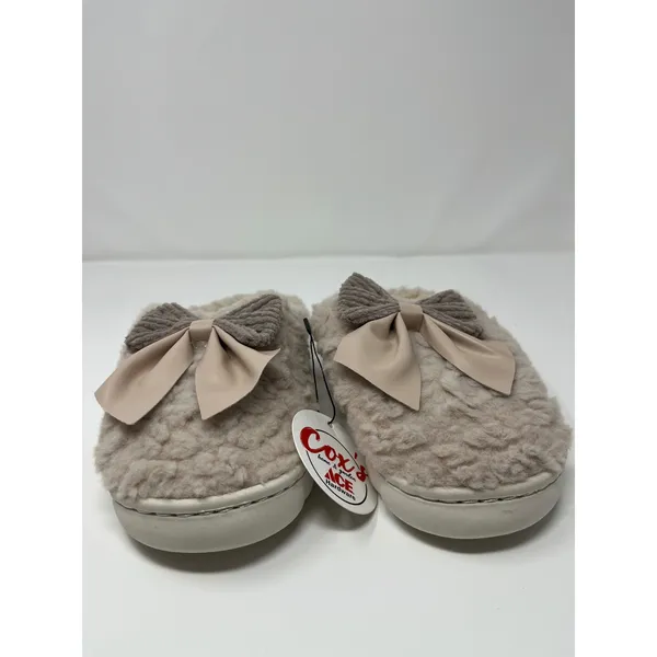 Womens Taupe Fuzzy Faux Fur Scuff Slippers Double Bow Detail Women 8 Soft Girl - Image 2