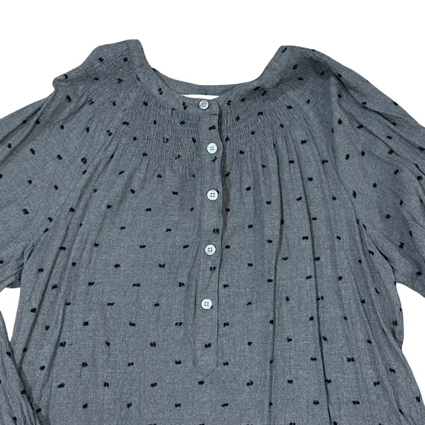 LOFT‎ Women's Gray Smocked Neck Long Sleeve Blouse Black Dot Print Size M - Image 2