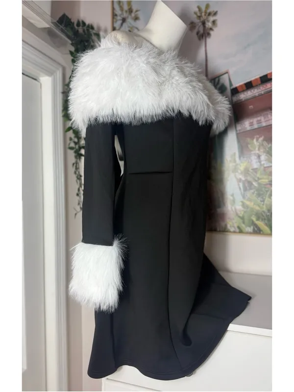 Womens Black Off Shoulder Faux Fur Trim Mini Dress Size XL Fit Flare Long Sleeve - Image 6