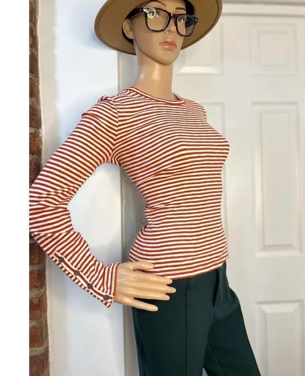 Madewell Crew Neck Button Cuff Orange Maple Stripe T-Shirt Top - Image 2