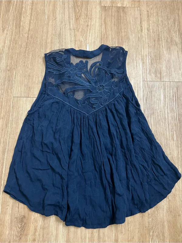 Free People Navy Floral Embroidered Sheer Yoke Tank - Image 5