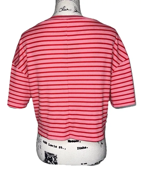 Missguided Striped Waffle Knit Crop Top Tee Womens MED Pink Red Short Sleeve Boxy - Image 5