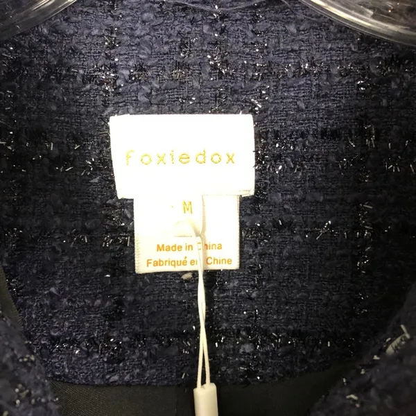Foxiedox Floral Embroidered Fringe Tweed Jacket Dark Blue Women's Size Medium - Image 10