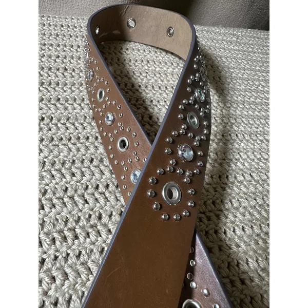 Western Brown Leather Rhinestone Studded Belt Medium Floral Engraved Buckle - Image 4