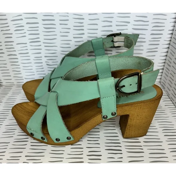 Sundance‎ Denira Mint Green Leather Wood Clog Sandals Made in Italy EU 37 Boho - Image 2