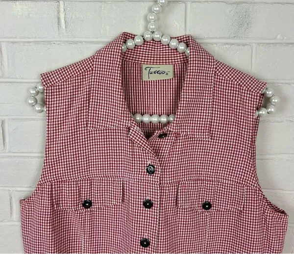 Vintage Tattoo Red Gingham Plaid Button Front Vest Top - Image 2