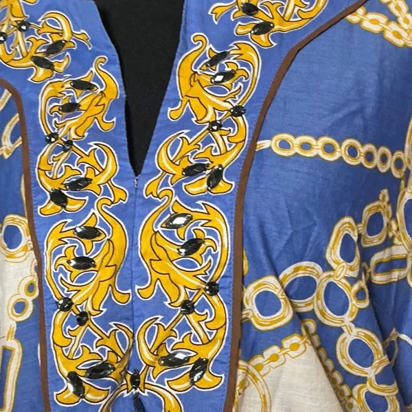 Embellished Blue Gold Chain Print V-Neck Cotton Tunic Top Large Charter Club - Image 2