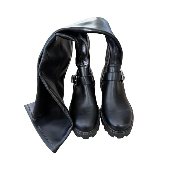 Nine West Over The Knee Lug Sole Moto Boots Black Buckle Size 7M Side Zip NEW - Image 4