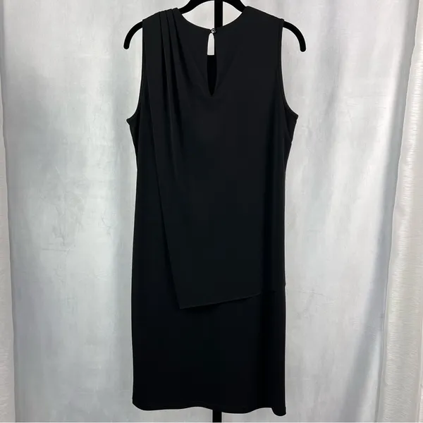 bar III Dress Womens Medium Black Drapey Sleeveless Keyhole Button Cocktail Midi - Image 2