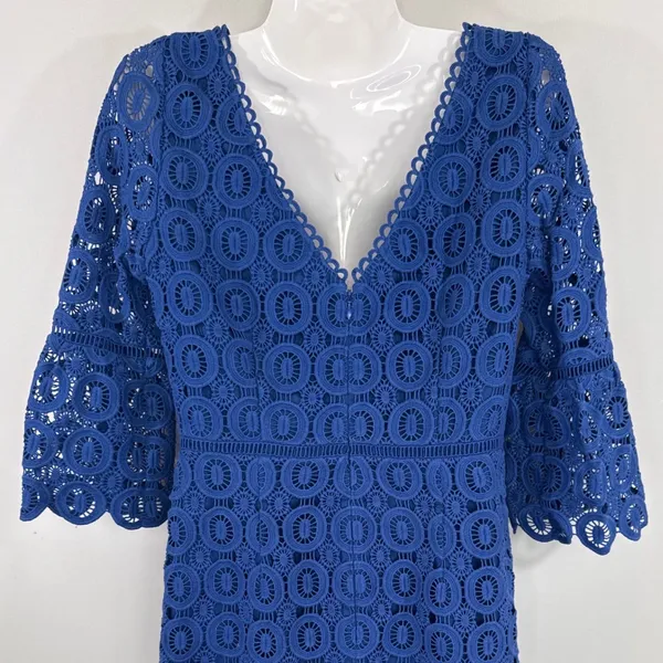 Boden Royal Blue Cotton Circle Lace Bell Sleeve Sheath Dress US‎ 6R - Image 6