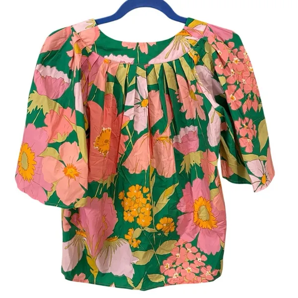 Flora Bea 100% Cotton Green Pink Floral Puff Sleeve Top Size Small - Image 4