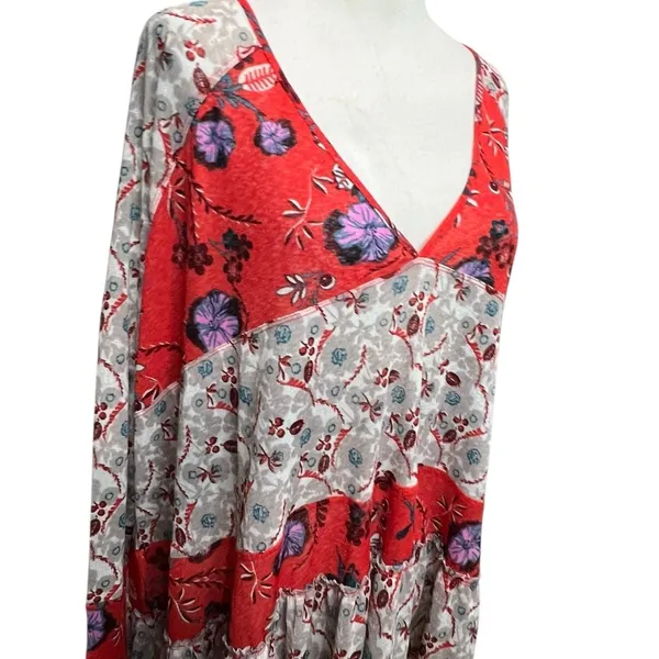 Free People Isabelle Tunic Top Womens XS Red Gray Floral Oversized Boho Feminine - Image 3