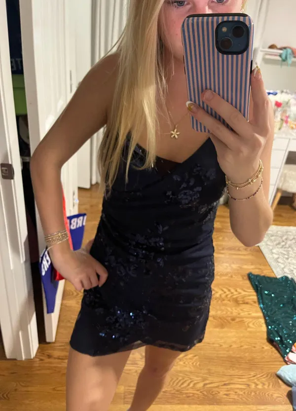 Lulus navy sequin wrap mini homecoming dress - Image 3