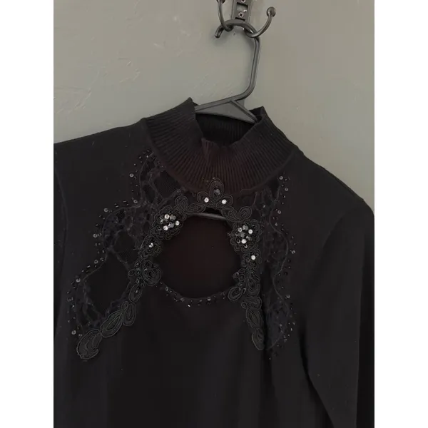 Vintage Whimsigoth Witchy Mock Neck Top Lace Sequin Embellished Knit Sweater - Image 4