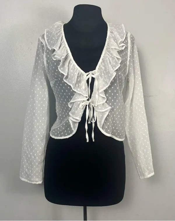 New Abercrombie & fitch while polka dot tie-front ruffle mesh long sleeve small - Image 2