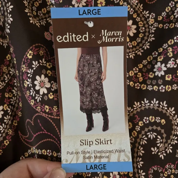 Edited Maren Morris Womens L Brown Floral Paisley Satin Midi Slip Skirt NWT - Image 3