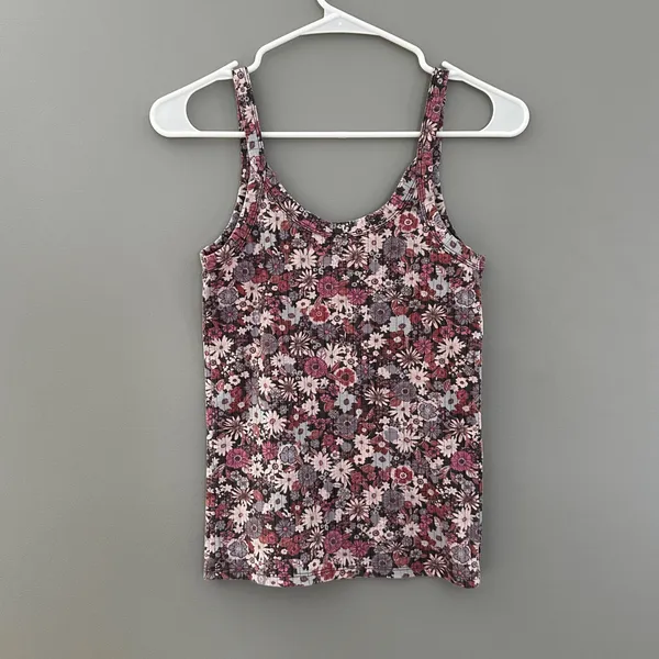 Aerie Floral Ribbed Scoop Neck Tank Top Purple Pink Daisy Flowers Size S - Image 3