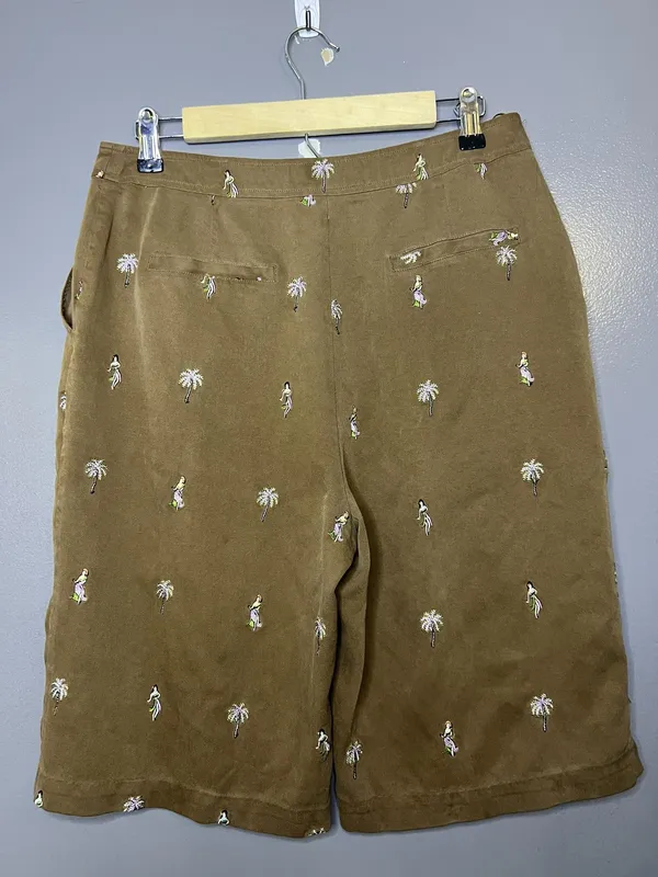 Vintage Bobby Chan Bermuda Shorts Womens 10 Brown Silk Palm Hawaiian Embroidered - Image 4